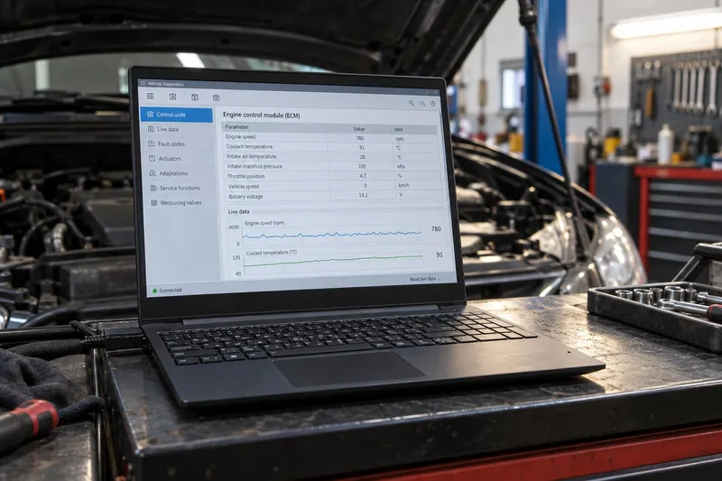 Laptop de diagnoză pe un cărucior de lucru, lângă o mașină cu capota ridicată