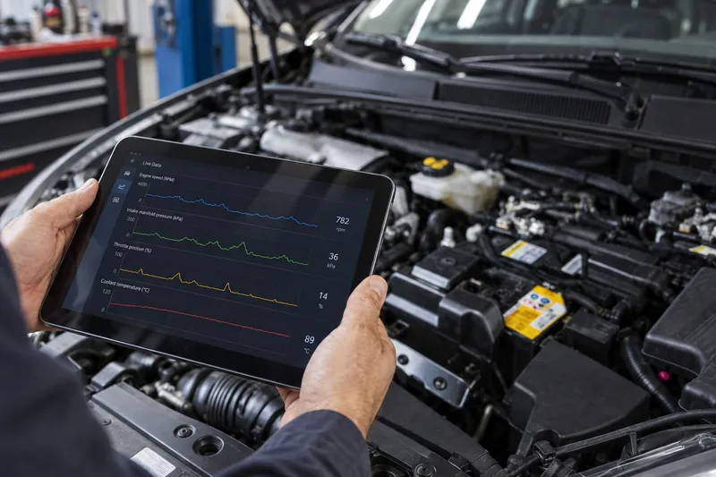 Tabletă lângă compartimentul motor, cu parametrii de funcționare afișați
