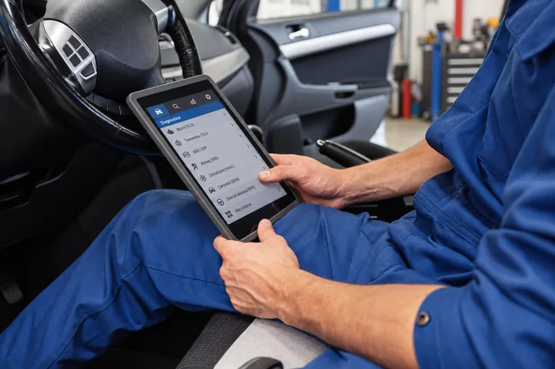 Tehnician care folosește o tabletă pentru verificarea electronică a mașinii