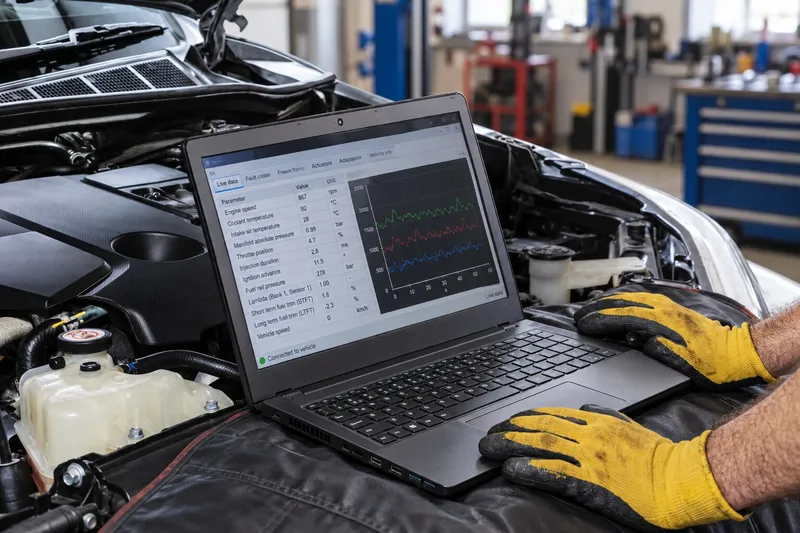 Laptop cu software de diagnoză auto așezat lângă compartimentul motor
