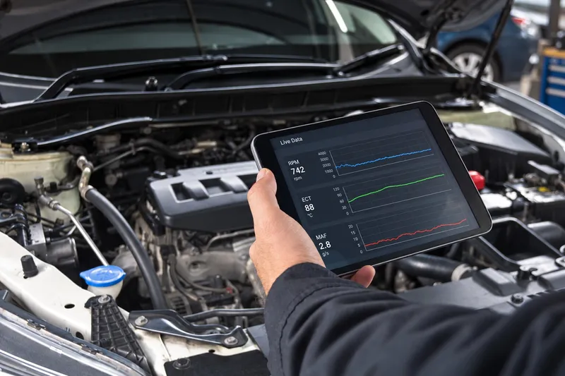 Valorile senzorilor motorului urmărite în timp real pe o tabletă de diagnoză